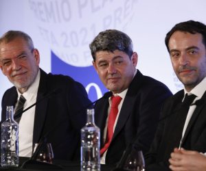 The writer Carmen Mola, pseudonym of the writers Jorge Díaz, Agustín Martínez and Antonio Mercero, winner of the 70th edition of the Planeta Novel Prize, together with the finalist Pilar Sánchez-Garnica give a press conference after the award ceremony, at the Museu Nacional d'Art de Catalunya, on 15 October 2021, in Barcelona, Catalonia (Spain). The Planeta Novel Prize was created in 1952 by José Manuel Lara, with the aim of promoting authors who write in Spanish. The prize is awarded to the author who has managed to convince the jury for his or her originality, attractiveness or for the emotion he or she transmits in his or her novel. The Planeta Novel Prize 2021 is currently endowed with 1,000,000 euros for the winning work and 200,000 euros for the runner-up. Kike Rincón / Europa Press 10/16/2021 (Europa Press via AP)