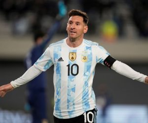 epa09458797 Argentina's Lionel Messi celebrates after scoring during the South American qualifiers for the Qatar 2022 World Cup between Argentina and Bolivia, at the Monumental Stadium in Buenos Aires, Argentina, 09 September 2021.  EPA/Natacha Pisarenko POOL