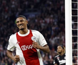 epa09493700 Sebastien Haller of Ajax celebrates scoring the 2-0 lead during the UEFA Champions League group C match between Ajax Amsterdam and Besiktas Istanbul at the Johan Cruijff ArenA in Amsterdam, Netherlands, 28 September 2021.  EPA/MAURICE VAN STEEN