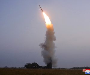 epa09498858 A photo released by the official North Korean Central News Agency (KCNA) the test fire of a newly-developed anti-aircraft missile, organized by the Academy of Defence Science of the DPRK, at an undisclosed location in North Korea, 30 September 2021 (issued 01 October 2021). The launch was conducted with the aim at confirming the practicality of operation of the launcher, radar and battle command vehicle as well as the comprehensive combat performance of the missile.  EPA/KCNA   EDITORIAL USE ONLY