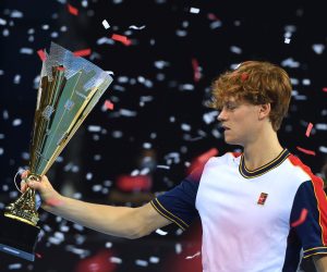 epa09503737 Jannik Sinner of Italy holds his trophy after winning the final match against Gael Monfils of France at the Sofia Open ATP 250 tennis tournament in Sofia, Bulgaria, 03 October 2021.  EPA/VASSIL DONEV