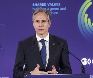 epa09507328 US Secretary of State Anthony Blinken delivers an inaugural speech at the 60th OECD ministerial meeting in Paris, France, 05 October 2021.  EPA/IAN LANGSDON/ POOL