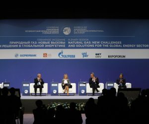 epa09511011 (2-L to R) Alfred Stern, Chairman of the Executive Board, CEO, OMV AG, Elena Burmistrova, Director General of Gazprom Export, Prof. Dr. Klaus-Dieter Maubach, Chief Executive Officer of Uniper SE and Mr. Joe M. Kang, President of International Gas Union attend a plenary session titled ‘Natural Gas: New Challenges and Solution For The Global Energy Sector'  during the 10th St. Petersburg International Gas Forum, in St. Petersburg, Russia, 07 October 2021. The forum lasts from 05 to 08 October 2021.  EPA/ANATOLY MALTSEV