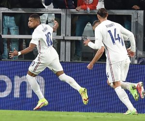 epa09512078 Kylian Mbappe of France celebrates after scoring during the UEFA Nations League semi final soccer match between Belgium and France in Turin, Italy, 07 October 2021.  EPA/Alessandro di Marco