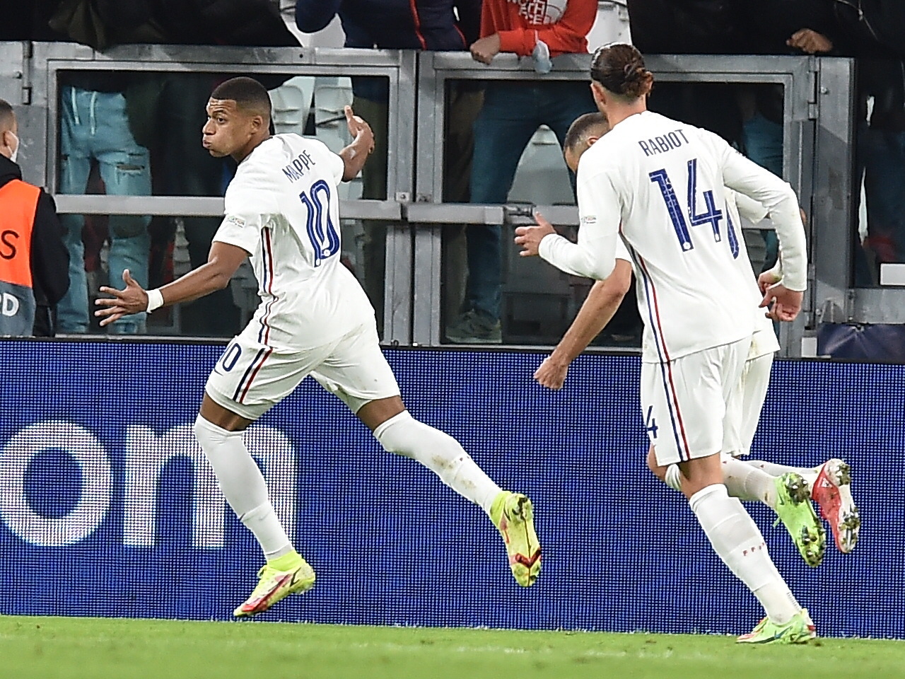 epa09512078 Kylian Mbappe of France celebrates after scoring during the UEFA Nations League semi final soccer match between Belgium and France in Turin, Italy, 07 October 2021.  EPA/Alessandro di Marco