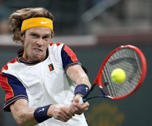 epa09516064 Andrey Rublev of Russia in action against Carlos Taberner of Spain during their Men's Singles second Round match at the BNP Paribas Open tennis tournament at the Indian Wells Tennis Garden in Indian Wells, California, USA, 09 October 2021.  EPA/RAY ACEVEDO