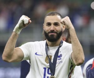 epa09517620 France's Karim Benzema celebrates after the UEFA Nations League final soccer match between Spain and France in Milan, Italy, 10 October 2021.  EPA/MATTEO BAZZI