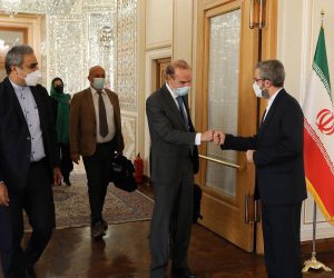 epa09523044 A handout photo made available by Iran's Ministry of Foreign Affairs shows Iranian Deputy Foreign Minister Ali Bagheri (R) welcoming EU coordinator of nuclear talks Enrique Mora (2-R), in Tehran, Iran, 14 October 2021. Mora is on an official visit to Tehran to discuss with Iranian officials about stalled negotiations to revive the Iran nuclear deal.  EPA/IRANIAN MINISTRY OF FOREIGN AFFAIRS HANDOUT  HANDOUT EDITORIAL USE ONLY/NO SALES