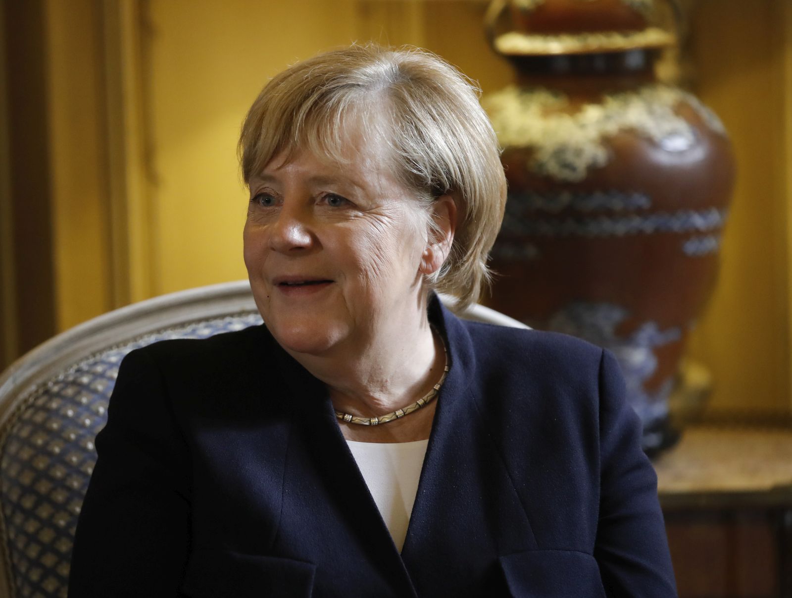 epa09525359 German Chancellor Angela Merkel during a meeting with Belgium's Prime Minister De Croo in Brussels, Belgium, 15 October 2021. Merkel is on an official visit to Brussels as a symbolic 'farewell' before leaving her post as German Chancellor after 16 years.  EPA/OLIVIER HOSLET / POOL