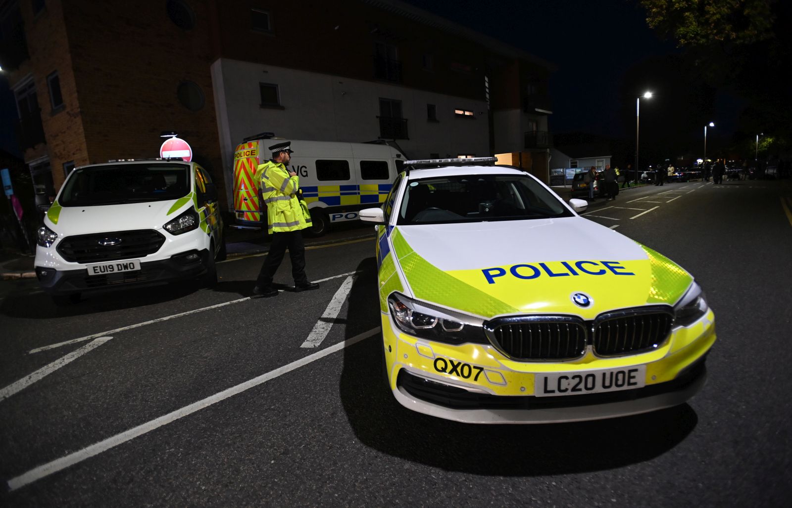 epa09526040 A police cordon at the scene of a crime where MP for Southend West, Sir David Amess, was stabbed to death in Leigh-on-Sea, Britain, 15 October 2021. Amess was reportedly stabbed several times at a church in Leigh-on-Sea while holding a constituency surgery and later died of his injuries.  EPA/ANDY RAIN