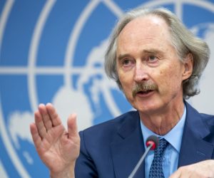 epa09528714 Geir Pedersen, UN Special Envoy for Syria, speaks to the media about the sixth session of the Constitutional Committee Small Body, during a press conference at the European headquarters of the United Nations in Geneva, Switzerland, 17 October 2021.  EPA/MARTIAL TREZZINI