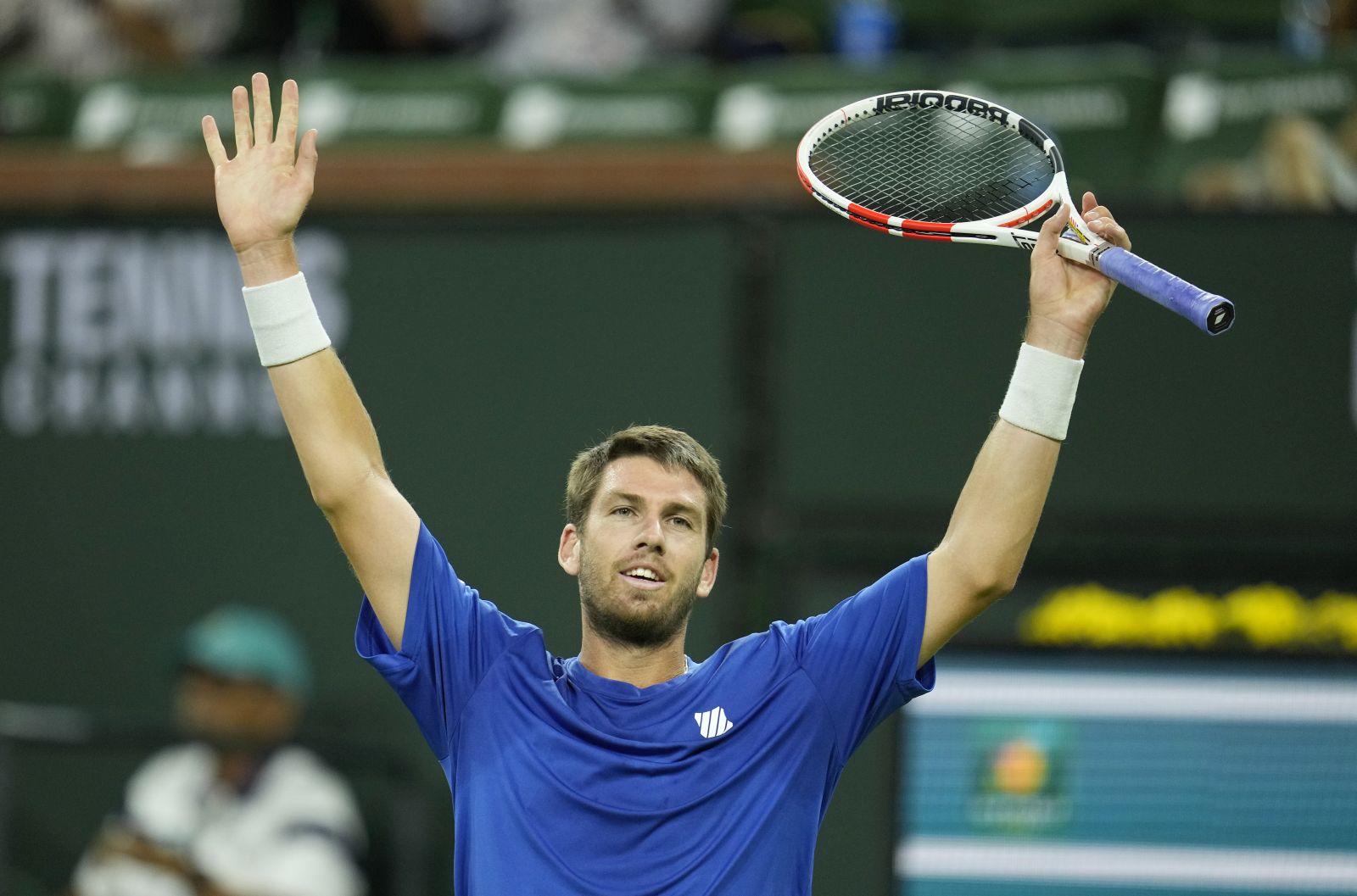 epa09529506 Cameron Norrie of Great Britain reacts after defeating Nikoloz Basilashvili of Georgia during the men's final at the BNP Paribas Open tennis tournament at the Indian Wells Tennis Garden in Indian Wells, California, USA, 17 October 2021.  EPA/RAY ACEVEDO