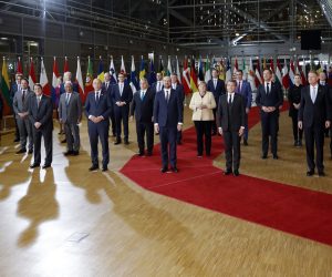 epa09537673 EU leaders during family picture, being supposed to be Angela Merkel's last, during an EU summit in Brussels, Belgium, 21 October 2021. EU leaders meet in Brussels on 21 and 22 October, to discuss COVID-19, digital transformation, energy prices, migration, trade and external relations.  EPA/OLIVIER HOSLET