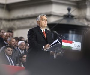 epa09541740 Hungarian Prime Minister Viktor Orban (C) addresses the crowd on the occassion of the 65th anniversary of the Hungarian revolution and war of independence against communist rule and the Soviet Union in 1956 in downtown Budapest, Hungary, 23 October 2021.  EPA/Zoltan Balogh HUNGARY OUT