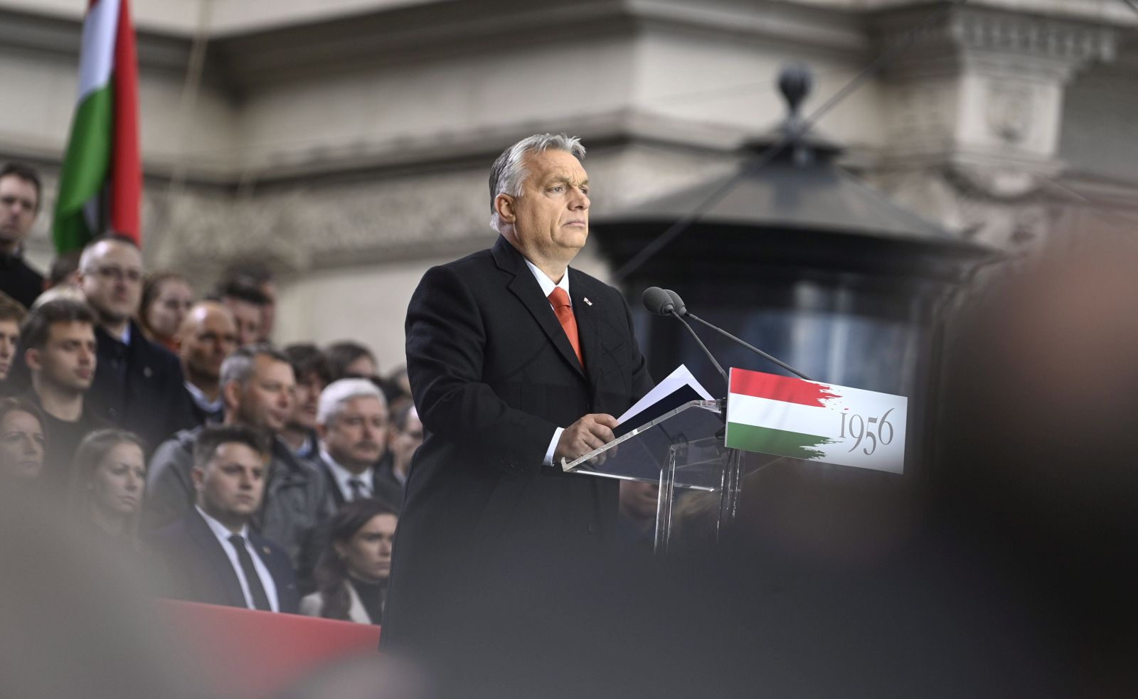 epa09541740 Hungarian Prime Minister Viktor Orban (C) addresses the crowd on the occassion of the 65th anniversary of the Hungarian revolution and war of independence against communist rule and the Soviet Union in 1956 in downtown Budapest, Hungary, 23 October 2021.  EPA/Zoltan Balogh HUNGARY OUT