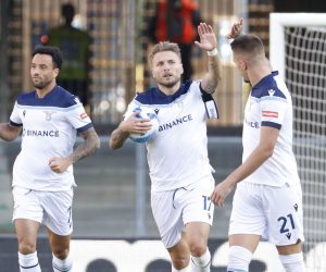 epa09543539 Lazio's Ciro Immobile (C) reacts after scoring his team's first goal during the Italian Serie A soccer match between Hellas Verona and SS Lazio in Verona, Italy, 24 October 2021.  EPA/EMANUELE PENNACCHIO
