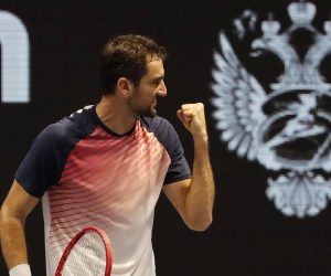 epa09552401 Marin Cilic of Croatia reacts during his quarterfinal match against Roberto Bautista Agut of Spain of the St.Petersburg Open ATP tennis tournament in St.Petersburg, Russia, 29 October 2021.  EPA/ANATOLY MALTSEV