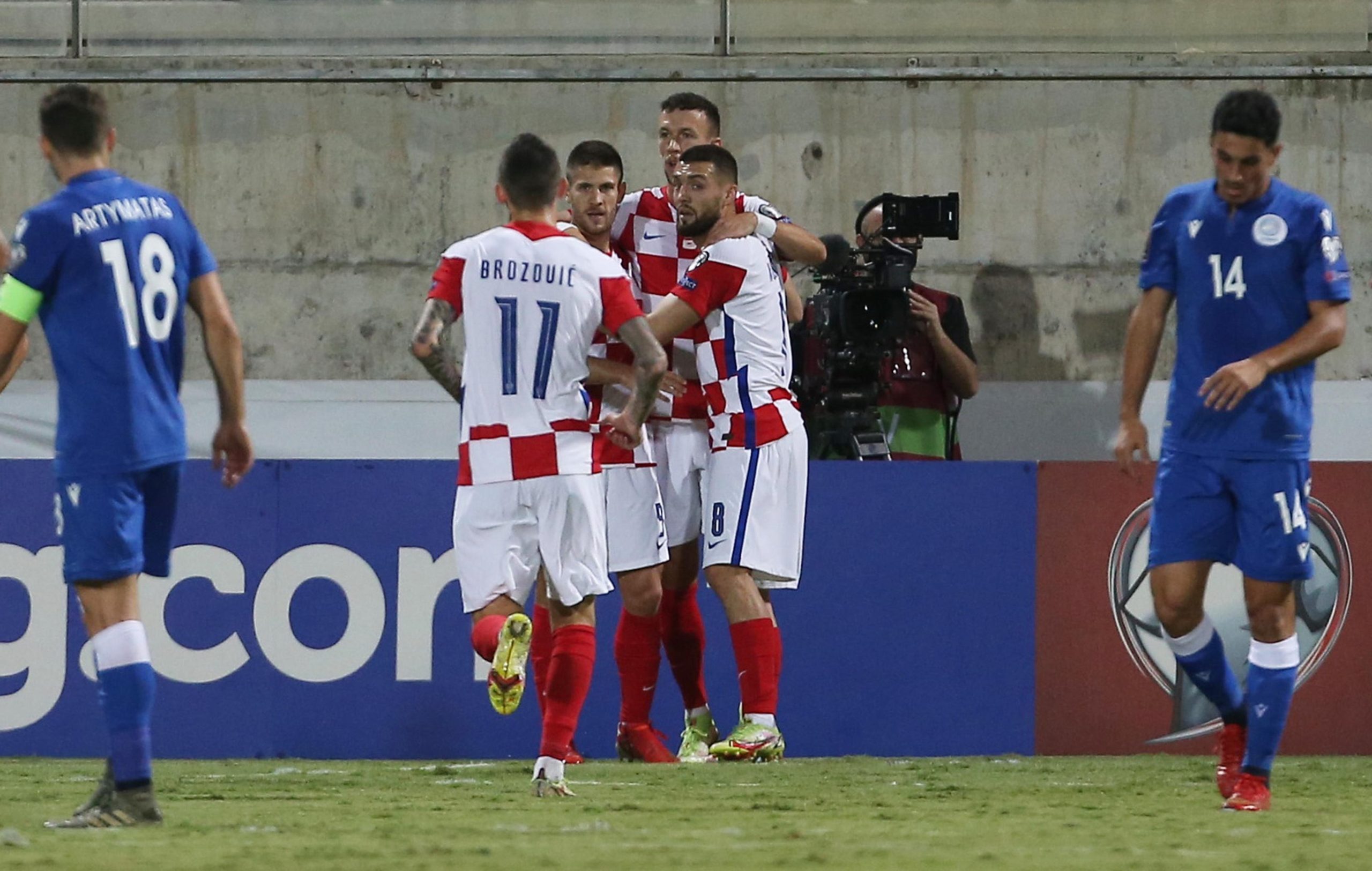 Soccer Football - World Cup - UEFA Qualifiers - Group H - Cyprus v Croatia - AEK Arena - George Karapatakis, Larnaca, Cyprus - October 8, 2021 Croatia's Andrej Kramaric celebrates scoring their first goal with teammates before being disallowed by a VAR review REUTERS/Yiannis Kourtoglou