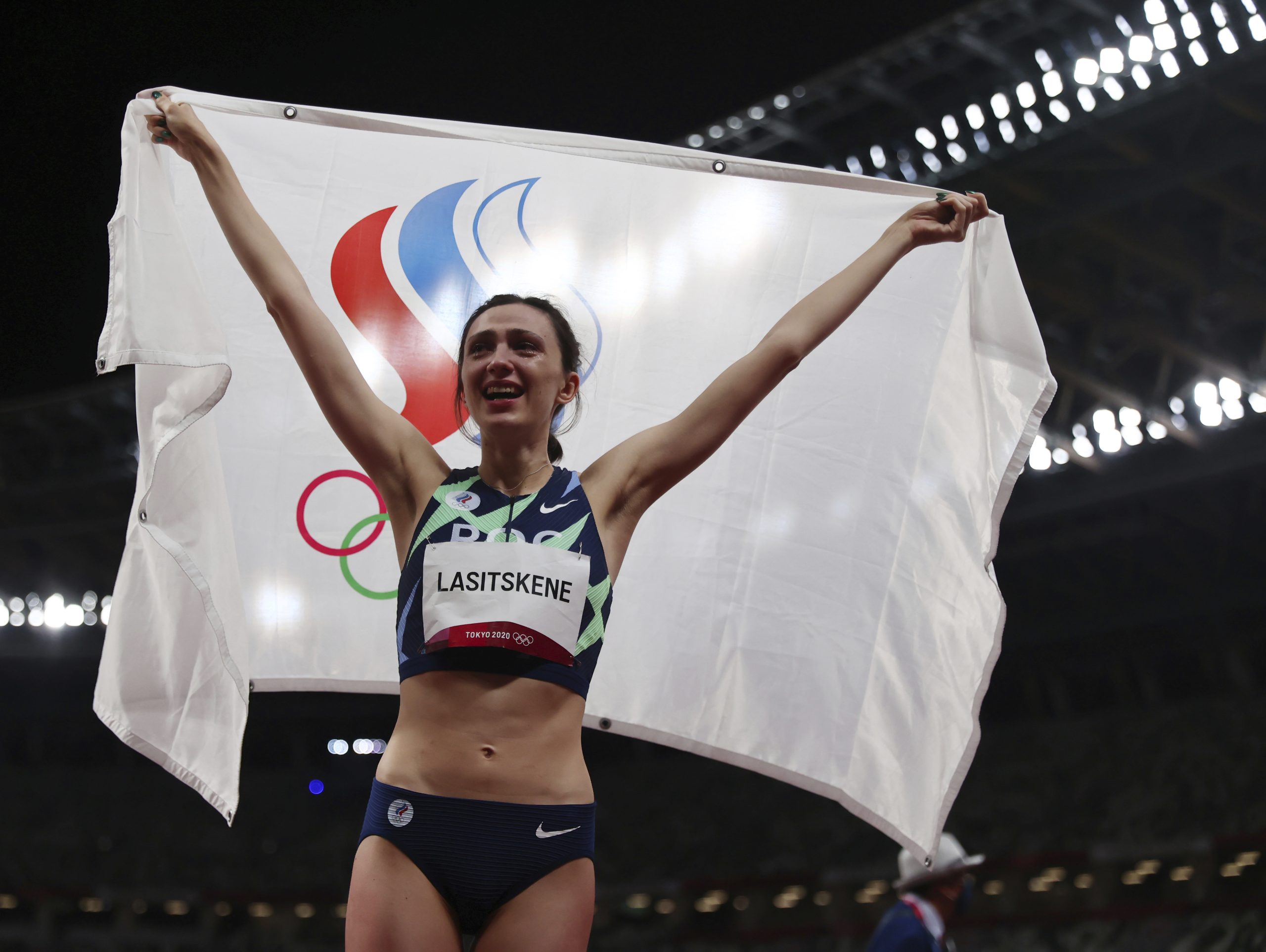 LASITSKENE Mariya of ROC (Russian Olympic Committee) reacts after winning Athletics women's high jump in Tokyo Olympic Games at Olympic Stadium in Tokyo on August 7, 2021. LASITSKENE Mariya won the event to claim gold medal. ( The Yomiuri Shimbun via AP Images )