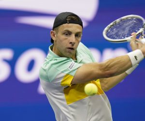 Tallon Griekspoor, of the Netherlands, returns a shot to Novak Djokovic, of Serbia, during the second round of the US Open tennis championships, Thursday, Sept. 2, 2021, in New York. (AP Photo/Frank Franklin II)