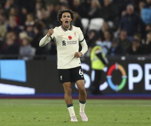 November 7, 2021, London, United Kingdom: London, England, 7th November 2021. Trent Alexander-Arnold of Liverpool celebrates scoring the first half equaliser during the Premier League match at the London Stadium, London. Picture credit should read: Paul Terry / Sportimage(Credit Image: © Paul Terry/CSM via ZUMA Wire) (Cal Sport Media via AP Images)