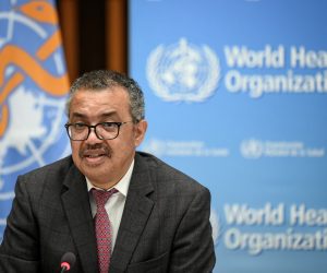 epa09529945 World Health Organization (WHO) Director-General Tedros Adhanom Ghebreyesus delivers a speech during the launch of a multiyear partnership with Qatar on making the FIFA Football World Cup 2022 and mega sporting events healthy and safe, at the WHO headquarters in Geneva, Switzerland,  18 October 2021.  EPA/FABRICE COFFRINI / POOL