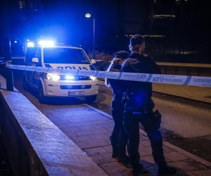 epa09538316 Police is at the site in the Hammarby Sjostad district in Stockholm, Sweden, 21 October 2021, where famous Swedish rap artist Einar was shot to death, according to police (issued 22 October 2021)  EPA/Henrik Montgomery  SWEDEN OUT