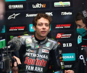 epa09538594 Valentino Rossi of Petronas Yamaha SRT in the pits during the first practice session for the Motorcycling Grand Prix of Italy and Emilia-Romagna at Misano World Circuit 'Marco Simoncelli' at Misano Adriatico, Rivieria di Rimini, Italy, 22 October 2021. The Motorcycling Grand Prix of Italy and Emilia-Romagna takes place on 24 October 2021.  EPA/DAVIDE GENNARI