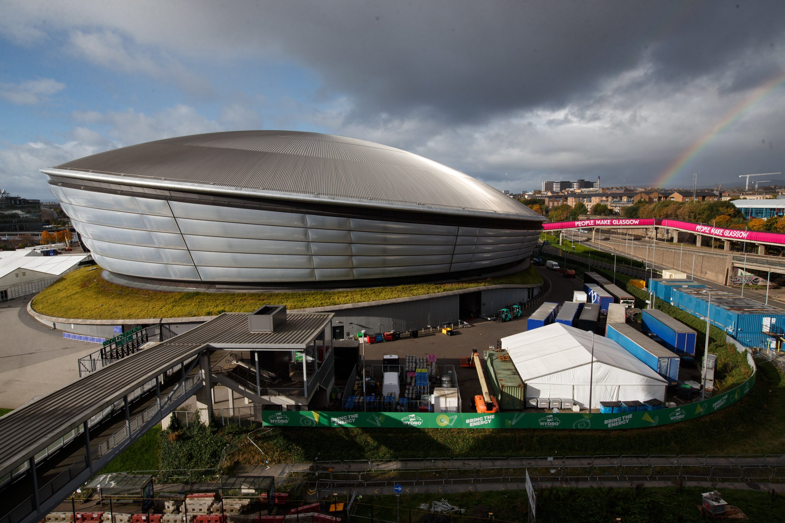 epa09545707 General views of the Hydro, one of the venues for the COP26 in Glasgow, Britain, 25 October 2021. The 2021 United Nations Climate Change Conference, also known as COP26 and as the Glasgow Conference, is the 26th United Nations Climate Change conference. The COP26 summit from 31 October to 12 November 2021 will bring parties together to accelerate action towards the goals of the Paris Agreement and the UN Framework Convention on Climate Change.  EPA/ROBERT PERRY