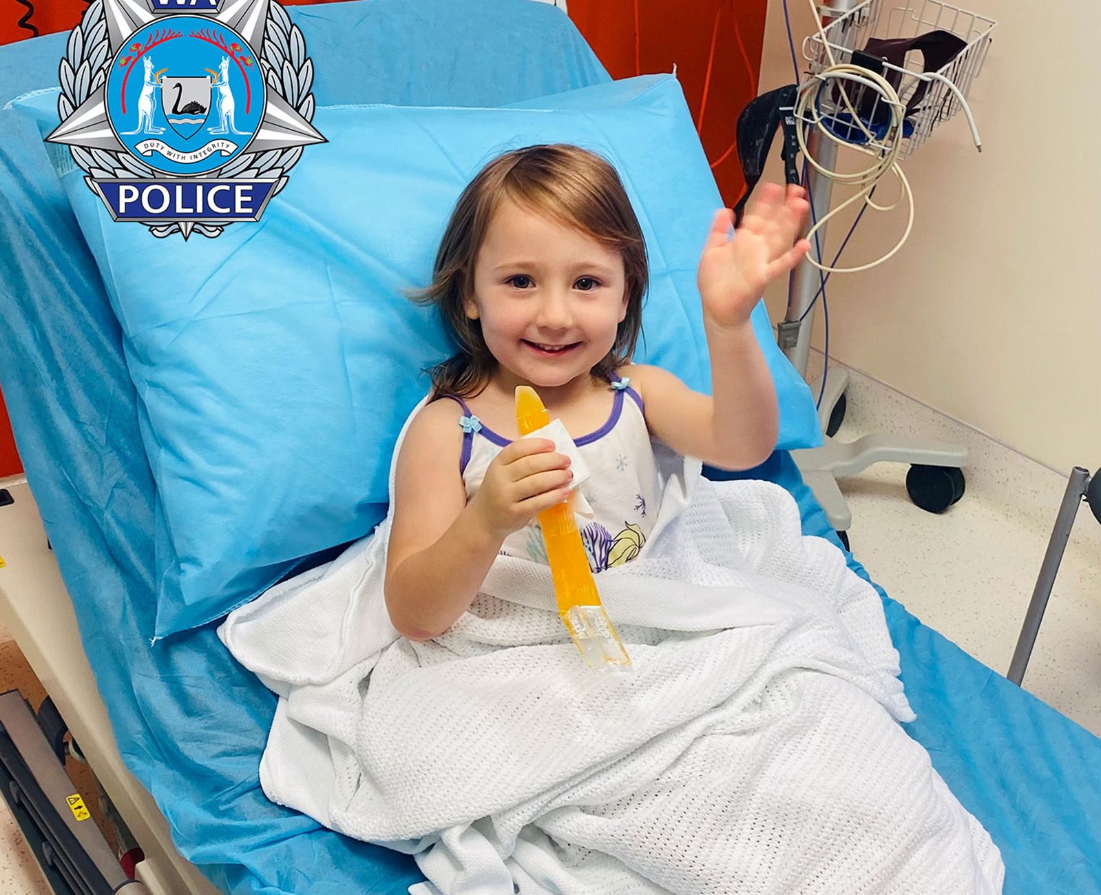 epa09560769 A handout photo made available by the Western Australia Police shows four-year-old Cleo Smith recovering in hospital in Western Australia, Australia, 03 November 2021. Cleo has been found alive and well by West Australian police, locked in a property just minutes away from her family's home.  EPA/WESTERN AUSTRALIA POLICE / HANDOUT AUSTRALIA AND NEW ZEALAND OUT HANDOUT EDITORIAL USE ONLY/NO SALES