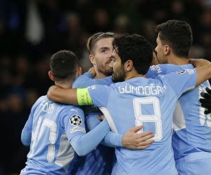 epa09562312 Players of Manchester City celebrate a goal during the UEFA Champions League group A soccer match between Manchester City and Club Brugge in Manchester, Britain, 03 November 2021.  EPA/MAGI HAROUN