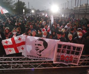 epa09567916 Participants of the 'United National Movement' gather for a protest against the arrest of the former Georgian President Mikheil Saakashvili, in front of the prison in Rustavi, Georgia, 06 November 2021. On October 01, Georgian authorities detained Saakashvili after he returned to the country after eight years of emigration. The politician himself stated that he had come to Georgia to participate in protest actions after the elections. In Georgia, he was sentenced by a court to prison for abuse of office. He left the country in 2013.  EPA/ZURAB KURTSIKIDZE