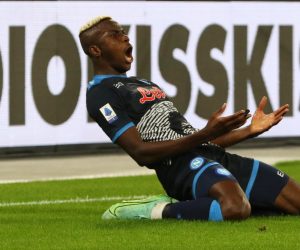 epa09570333 Napoli's forward Victor Osimhen reacts during the Italian Serie A soccer match SSC Napoli vs Hellas Verona FC at the Diego Armando Maradona stadium in Naples, Italy, 07 November 2021.  EPA/CESARE ABBATE
