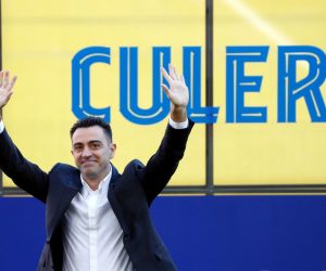 epa09571156 FC Barcelona's new head coach, Xavi Hernandez, waves to fans during his presentation at Camp Nou stadium in Barcelona, Spain, 08 November 2021. Xavi Hernandez left Al-Sadd club of Qatar to lead FC Barcelona for the rest of the current season and two more seasons.  EPA/Alejandro García