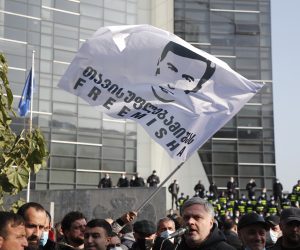 epa09572160 Participants of the 'United National Movement' gather for a protest against the arrest of the former Georgian President Mikheil Saakashvili in front of the Ministry of Justice in Tbilisi, Georgia, 09 November 2021. On October 01, Georgian authorities detained Saakashvili after he returned to the country after eight years of emigration. The politician himself stated that he had come to Georgia to participate in protest actions after the elections. In Georgia, he was sentenced by a court to prison for abuse of office. He left the country in 2013.  EPA/ZURAB KURTSIKIDZE
