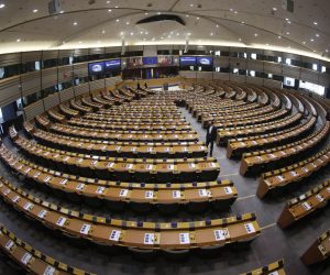 epa09573966 A picture taken with an ultra wide-angle lens shows a general view of the hemicycle ahead of a speech by the United Nations High Commissioner for Refugees (UNHCR) during a mini plenary session of the European Parliament in Brussels, Belgium, 10 November 2021.  EPA/OLIVIER HOSLET