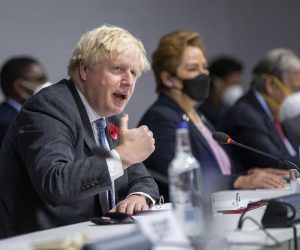 epa09574246 British Prime Minister Boris Johnson attends a meeting with Co-Facilitators at the COP26 UN Climate Change Conference in Glasgow, Britain, 10 November 2021. The 2021 United Nations Climate Change Conference (COP26) runs from 31 October to 12 November 2021 in Glasgow.  EPA/ROBERT PERRY