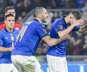 epa09579578 Italy's midfielder Jorge Luiz Frello Filho 'Jorginho' right, reacts, after he missed a penalty next to Italy's defender Leonardo Bonucci (C) during the 2022 FIFA World Cup European qualifying  Group C soccer match between Italy and Switzerland at the Olimpico stadium in Rome, Italy, 12 November 2021.  EPA/ETTORE FERRARI