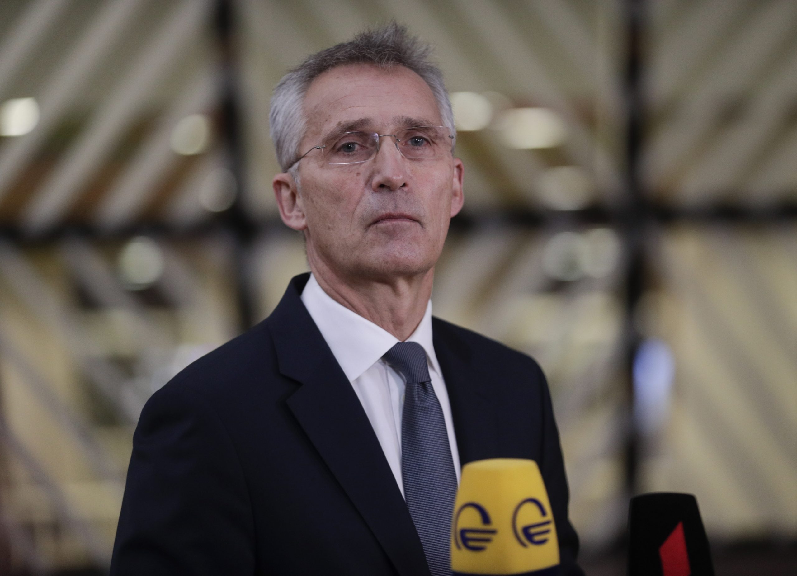 epa09585083 NATO Secretary General Jens Stoltenberg gives a press briefing ahead of a lunch with  European Defense ministers in Brussels, Belgium, 16 November 2021.  EPA/OLIVIER HOSLET