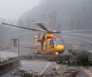 epa09587344 A handout photo made available by the Royal Canadian Air Force showing rescue operations following flooding caused by days of rain in Agassiz, British Columbia, Canada, 16 November 2021 (issued 17 November 2021). One person in reported dead and flooding has caused damage to roads and bridges in western Canada near Vancouver.  EPA/ROYAL CANADIAN AIR FORCE HANDOUT  HANDOUT EDITORIAL USE ONLY/NO SALES