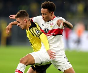 epa09593748 Dortmund's Thorgan Hazard (L) in action against Stuttgart's Roberto Massimo (R) during the German Bundesliga soccer match between Borussia Dortmund and VfB Stuttgart at Signal Iduna Park in Dortmund, Germany, 20 November 2021.  EPA/FRIEDEMANN VOGEL CONDITIONS - ATTENTION: The DFL regulations prohibit any use of photographs as image sequences and/or quasi-video.