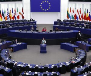 epa09598552 Ulrike Mueller (Free Voters), Member of the European Parliament (MEP), delivers a speech during a plenary session on the Common Agricultural Policy (CAP) at the European Parliament in Strasbourg, France, 23 November 2021.  EPA/JULIEN WARNAND