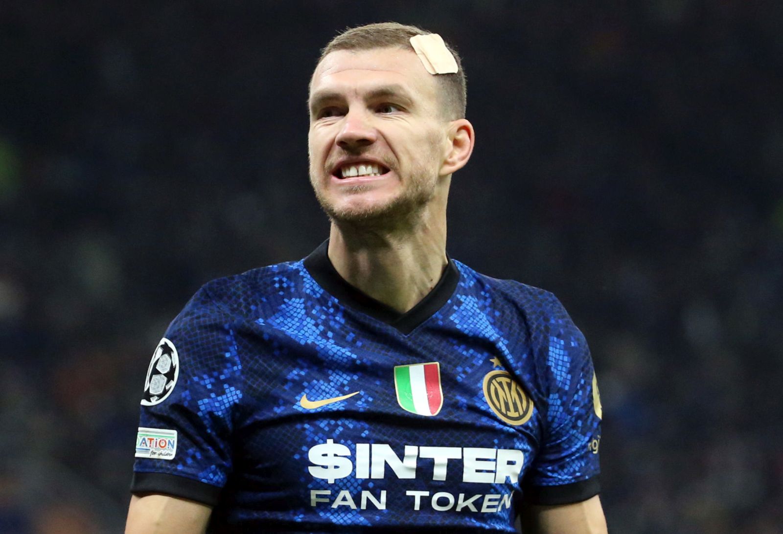 epa09601309 Inter Milan’s Edin Dzeko jubilates after scoring the 1-0 during he UEFA Champions League group  D soccer match between FC Inter and Shakhtar Donetsk  at Giuseppe Meazza stadium in Milan, Italy, 24 November 2021.  EPA/MATTEO BAZZI