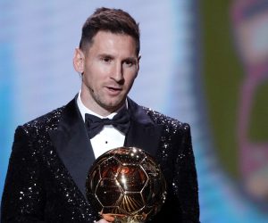 epa09611690 PSG player Lionel Messi wins the Men's Ballon d'Or at the 2021 Ballon d'Or ceremony at Theatre du Chatelet in Paris, France, 29 November 2021.  EPA/YOAN VALAT