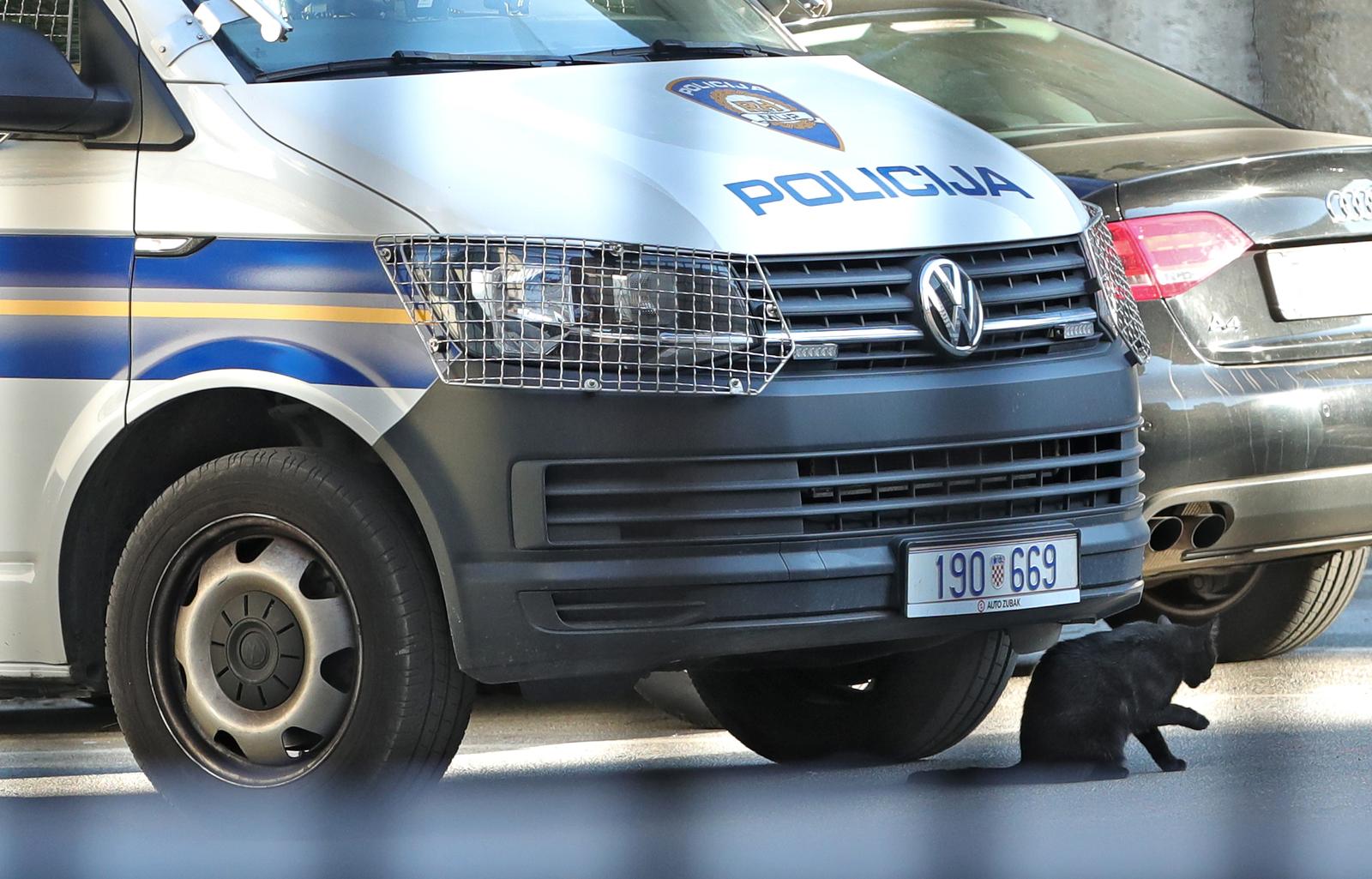 10.09.2021., Zagreb. Simpaticni crni macak prvo je mirno odmarao pored policijskog vozila a onda i opusteno prosetao po dvorisnoj strani zgrade Uskoka. Photo: Sanjin Strukic/PIXSELL