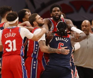Dec 26, 2021; Washington, District of Columbia, USA; Philadelphia 76ers center Joel Embiid (21) and Washington Wizards center Montrezl Harrell (6) get into an altercation during the third quarter at Capital One Arena. Mandatory Credit: Geoff Burke-USA TODAY Sports