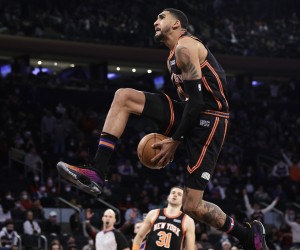 New York Knicks forward Obi Toppin drives to the basket during the second half of an NBA basketball game against the Atlanta Hawks, Saturday, Dec. 25, 2021, in New York. The Knicks won 101-87. (AP Photo/Adam Hunger)