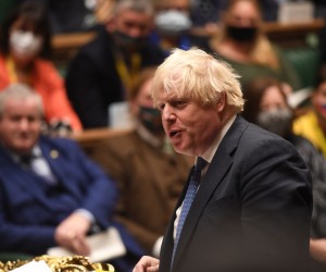 epa09600730 A handout photograph released by the UK Parliament shows British Prime Minister Boris Johnson during Prime Minister's Questions in the House of Commons in Westminster, London, Britain, 24 November 2021.  EPA/UK PARLIAMENT/JESSICA TAYLOR HANDOUT  HANDOUT EDITORIAL USE ONLY/NO SALES