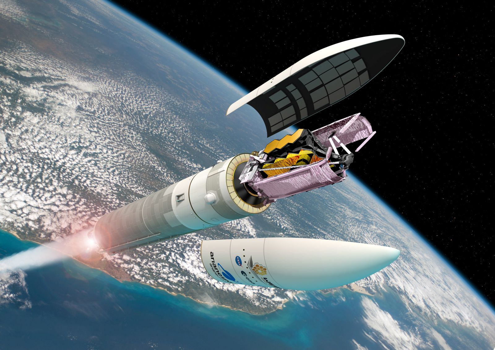 epa09614363 (FILE) - An undated handout file picture made available by the European Space Agency (ESA) shows an artist's impression of the James Webb Space Telescope (JWST), folded in the Ariane 5 rocket during launch from Europe's Spaceport in French Guiana (issued 01 December 2021). The James Webb Space Telescope is an international project led by the National Aeronautics and Space Administration (NASA) with its partners, ESA and the Canadian Space Agency (CSA). According to NASA, engineering teams have completed additional testing confirming NASA's James Webb Space Telescope (JWST) is ready for flight, and launch preparations are resuming toward Webb's target launch date on 22 December 2021, at 7:20 a.m. EST. Webb's primary mirror will collect light for the observatory in the scientific quest to better understand our solar system and beyond.  EPA/ESA/D.DUCROS HANDOUT  HANDOUT EDITORIAL USE ONLY/NO SALES