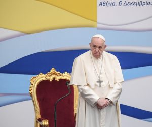 epa09625201 Pope Francis attends a meeting with young people at the Saint Dionysius School of the Ursuline Sisters in Maroussi, Athens, Greece, 06 December 2021. The pontiff visits Greece, where he will stay until 06 December.  EPA/ALESSANDRO DI MEO